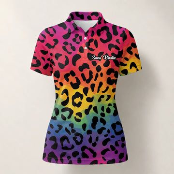 Personalised Rainbow Leopard Print Golf Polo Shirt For Women X1632