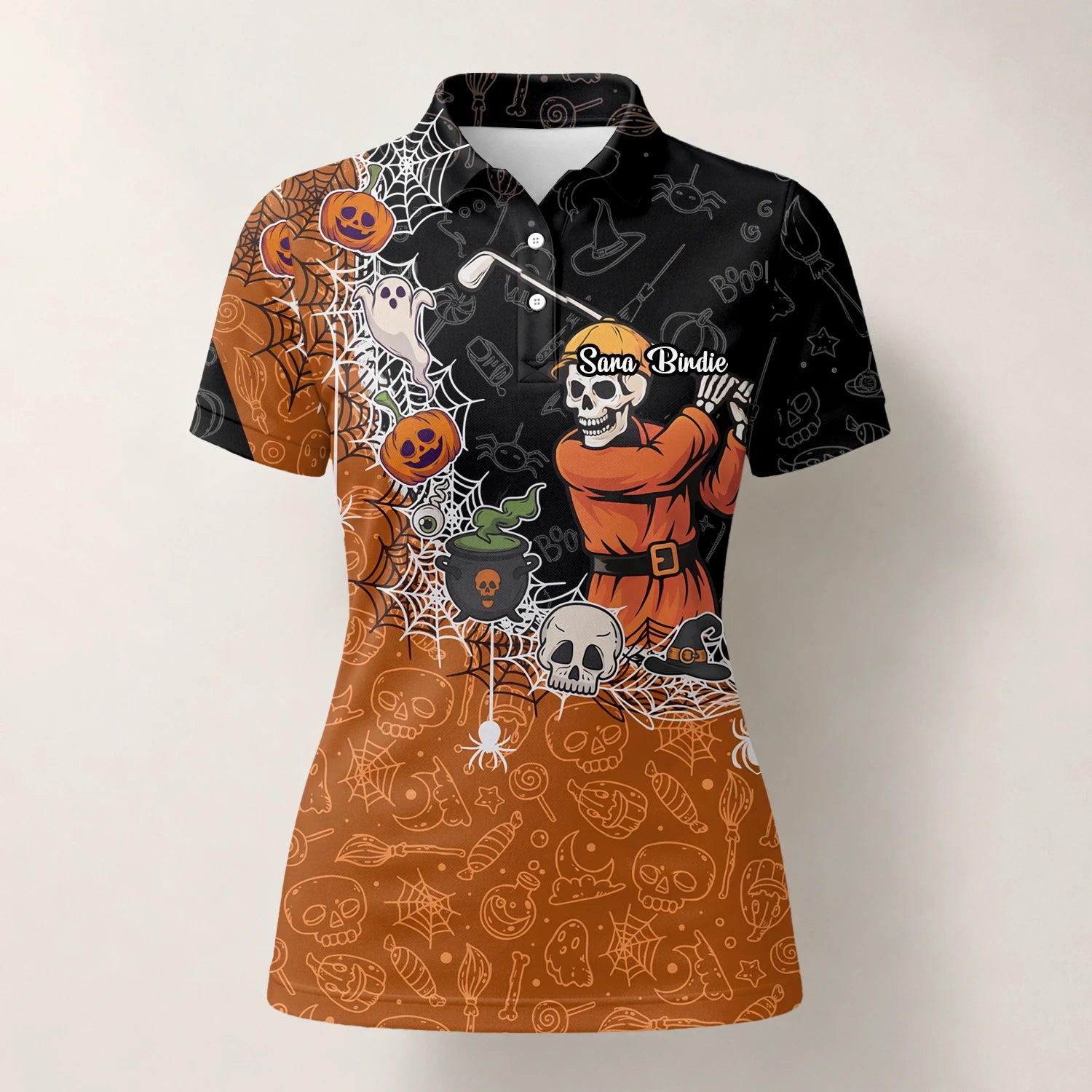 Personalised Black Orange Halloween Skeleton Golfer Web Golf Polo Shirt For Women Y5076