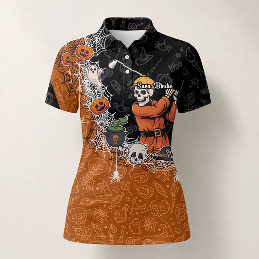 Personalised Black Orange Halloween Skeleton Golfer Web Golf Polo Shirt For Women Y5076