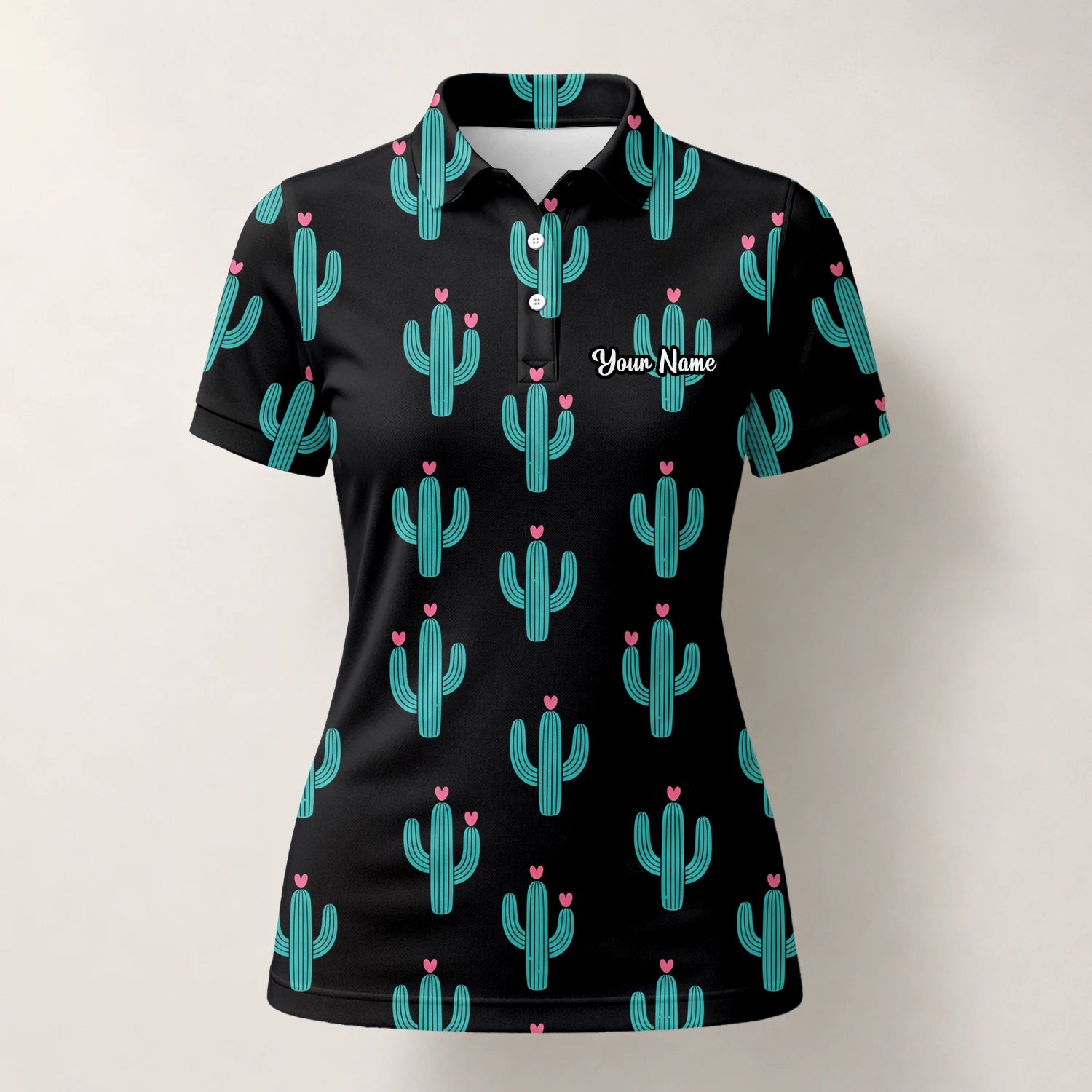 Personalised Black Turquoise Cactus Heart Golf Polo Shirt For Women L0709