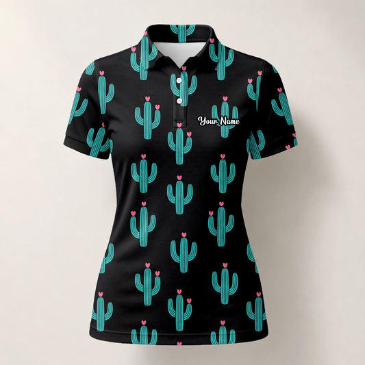 Personalised Black Turquoise Cactus Heart Golf Polo Shirt For Women L0709