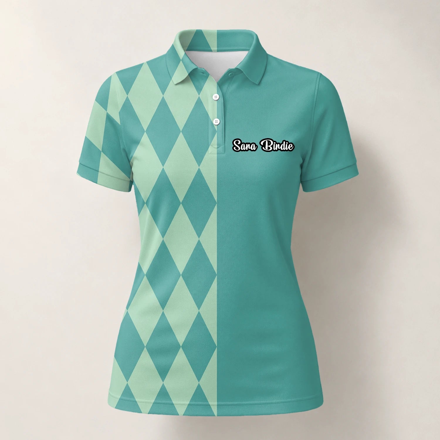 Personalised Teal Mint Argyle Golf Polo Shirt For Women A8483