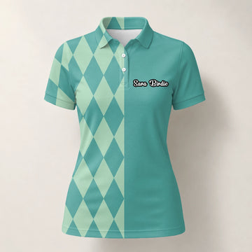 Personalised Teal Mint Argyle Golf Polo Shirt For Women A8483