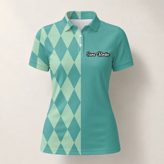 Personalised Teal Mint Argyle Golf Polo Shirt For Women A8483