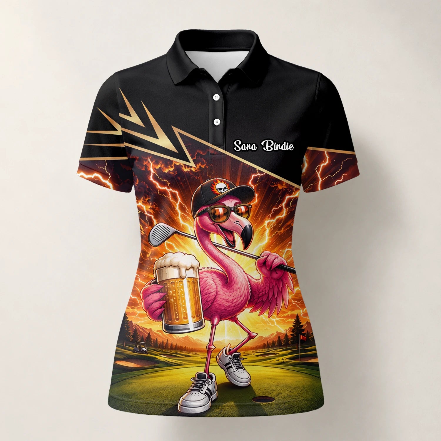 Personalised Black Orange Flamingo Beer Golfer Lightning Golf Polo Shirt For Women E3673