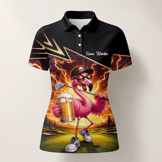 Personalised Black Orange Flamingo Beer Golfer Lightning Golf Polo Shirt For Women E3673