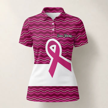 Personalised Pink Breast Cancer Awareness Ribbon Wave Golf Polo Shirt For Women B1640