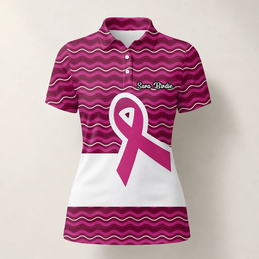 Personalised Pink Breast Cancer Awareness Ribbon Wave Golf Polo Shirt For Women B1640