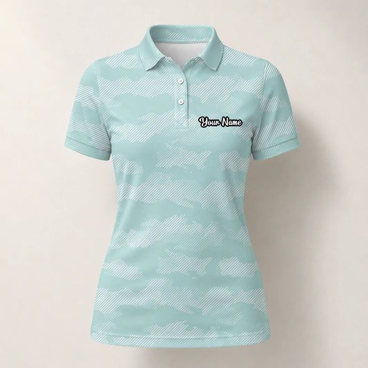 Personalised Mint White Chevron Stripe Golf Polo Shirt For Women K7105