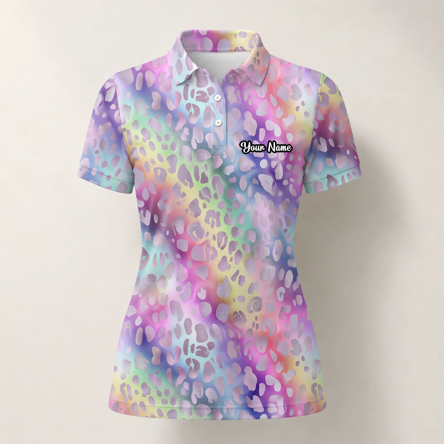 Personalised Pastel Rainbow Leopard Print Golf Polo Shirt For Women E5373