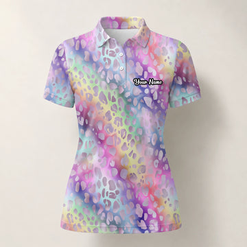 Personalised Pastel Rainbow Leopard Print Golf Polo Shirt For Women E5373