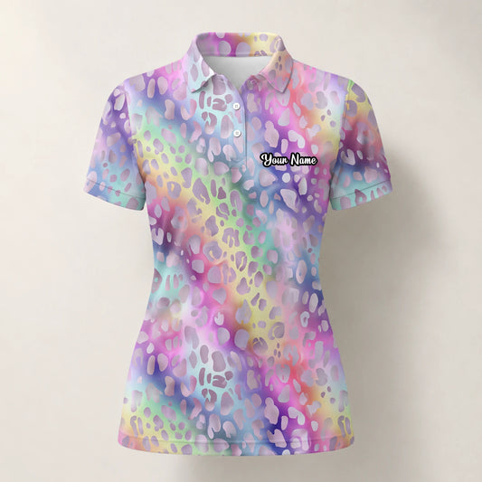 Personalised Pastel Rainbow Leopard Print Golf Polo Shirt For Women E5373