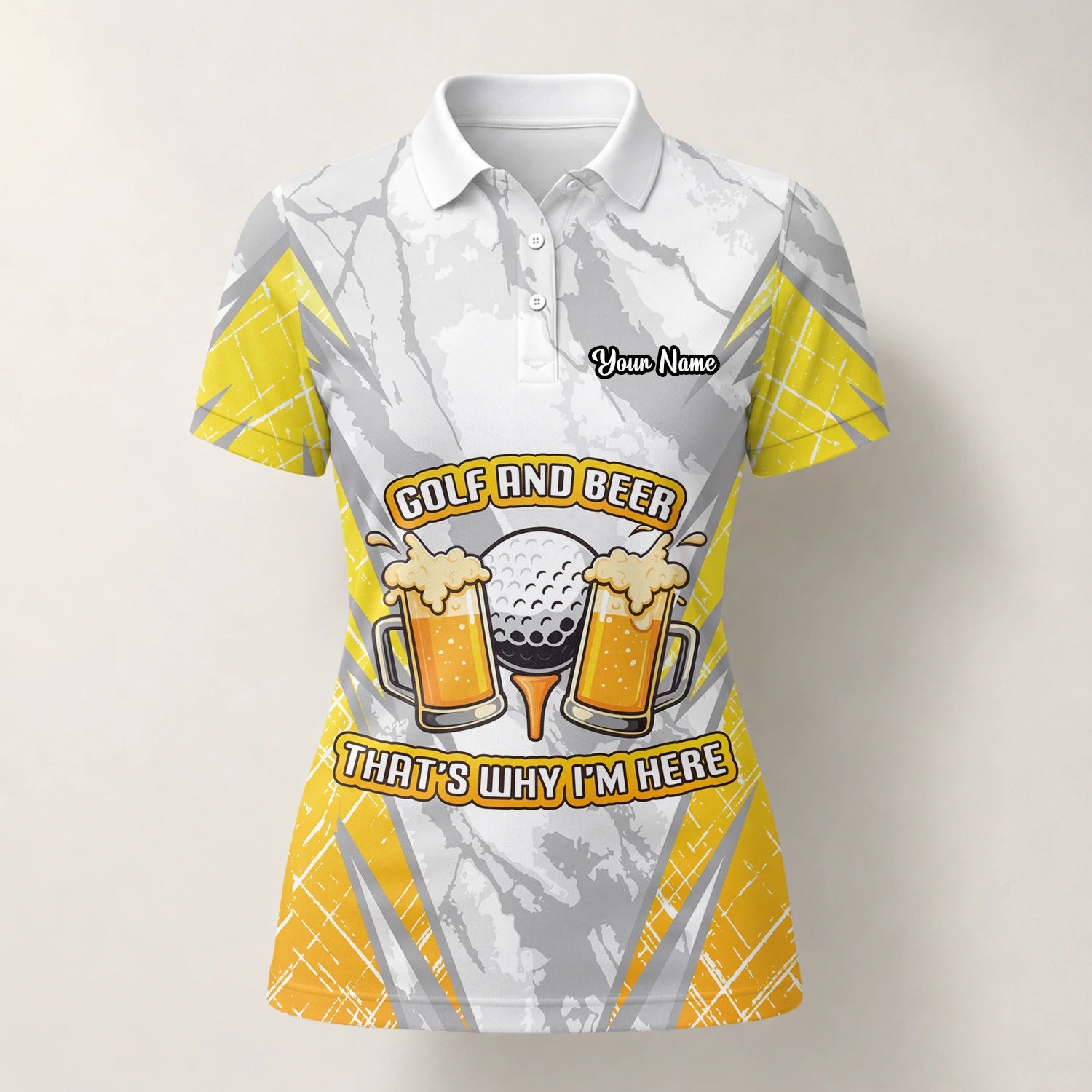 Personalised Grey Yellow Golf And Beer Slogan Golf Polo Shirt For Women P2319