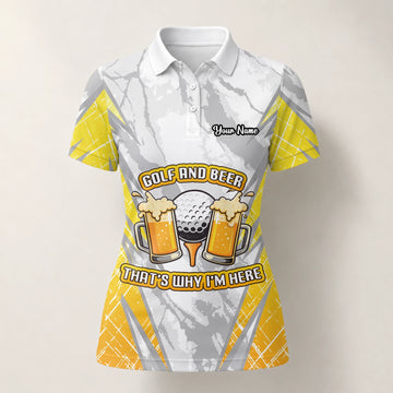 Personalised Grey Yellow Golf And Beer Slogan Golf Polo Shirt For Women P2319