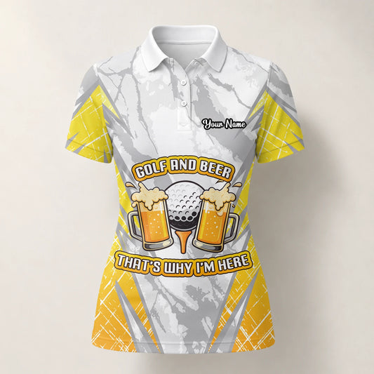 Personalised Grey Yellow Golf And Beer Slogan Golf Polo Shirt For Women P2319