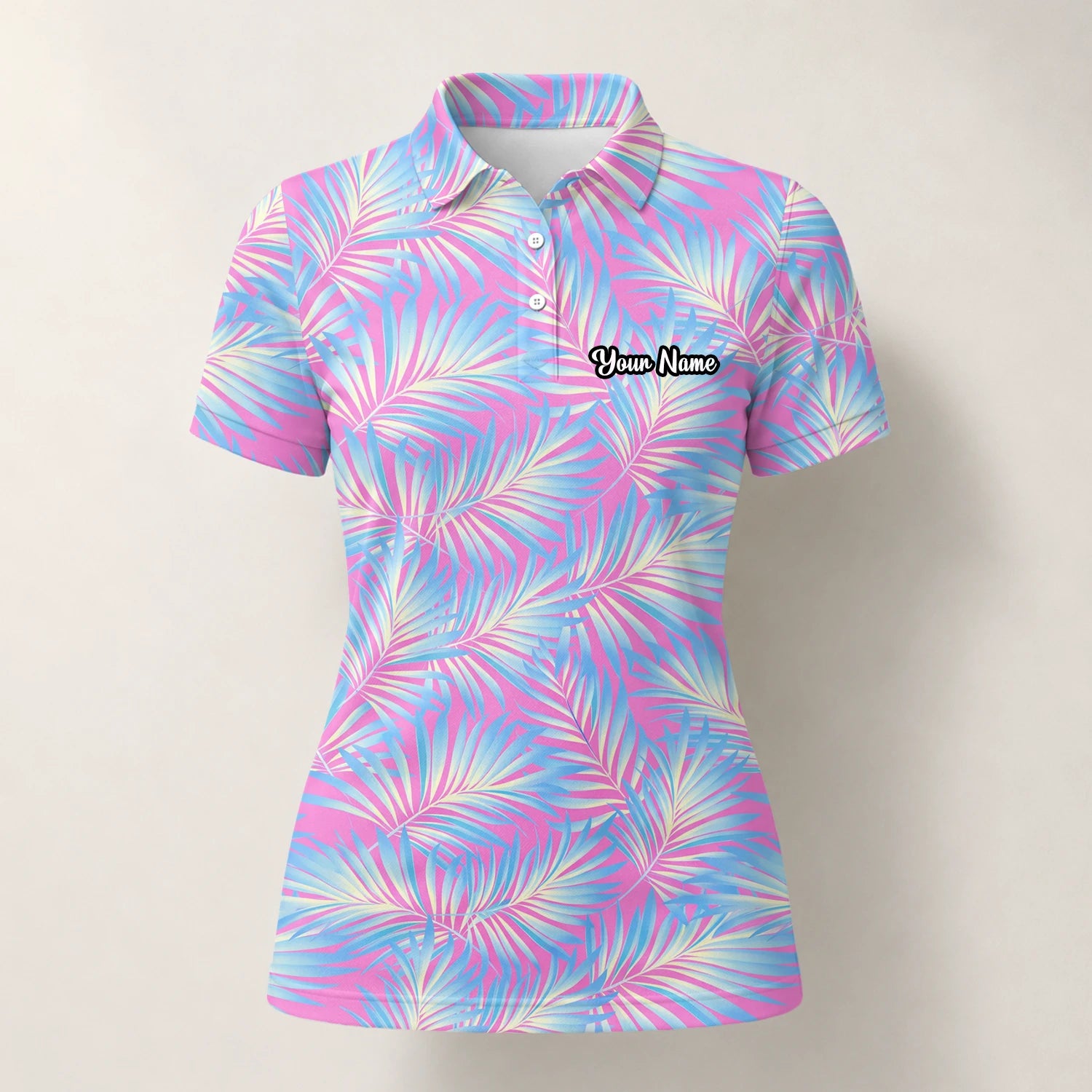 Personalised Pink Blue Palm Leaf Golf Polo Shirt For Women F1458