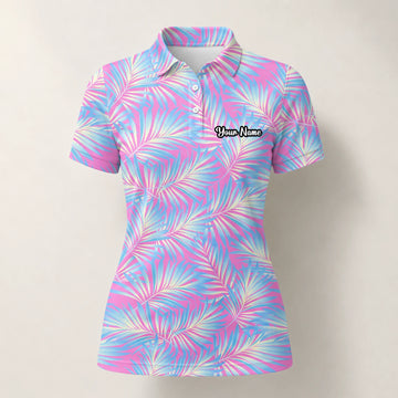 Personalised Pink Blue Palm Leaf Golf Polo Shirt For Women F1458