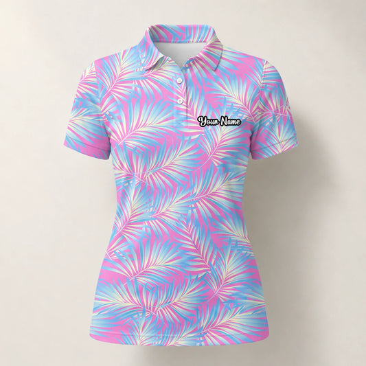 Personalised Pink Blue Palm Leaf Golf Polo Shirt For Women F1458