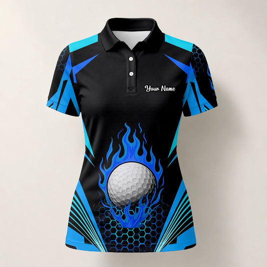 Personalised Black Blue Flaming Golf Ball Golf Polo Shirt For Women Y8576