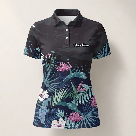 Personalised Navy Tropical Floral Leaf Golf Polo Shirt For Women N4110