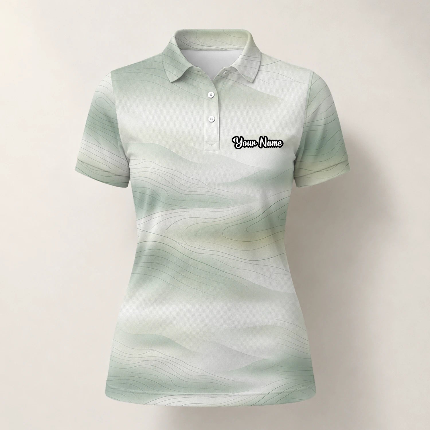 Personalised White Sage Green Abstract Wave Golf Polo Shirt For Women F8070