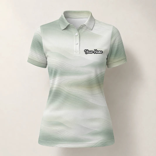 Personalised White Sage Green Abstract Wave Golf Polo Shirt For Women F8070
