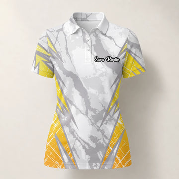 Personalised White Grey Yellow Marble Stripe Golf Polo Shirt For Women T6326