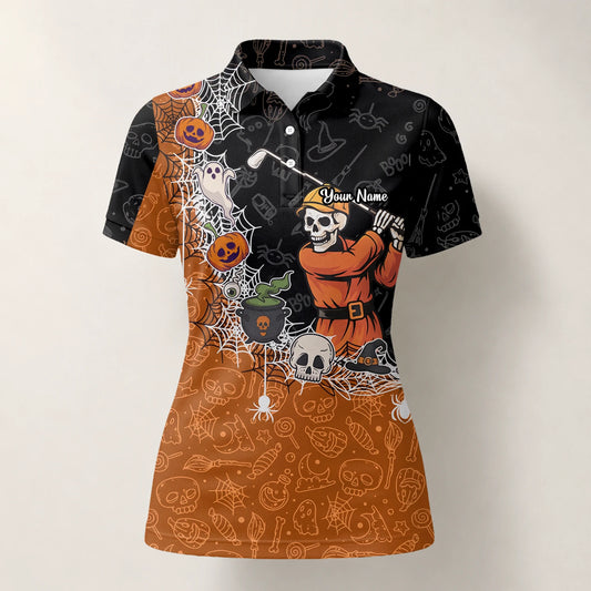 Personalised Black Orange Halloween Skeleton Golfer Web Golf Polo Shirt For Women Y5076