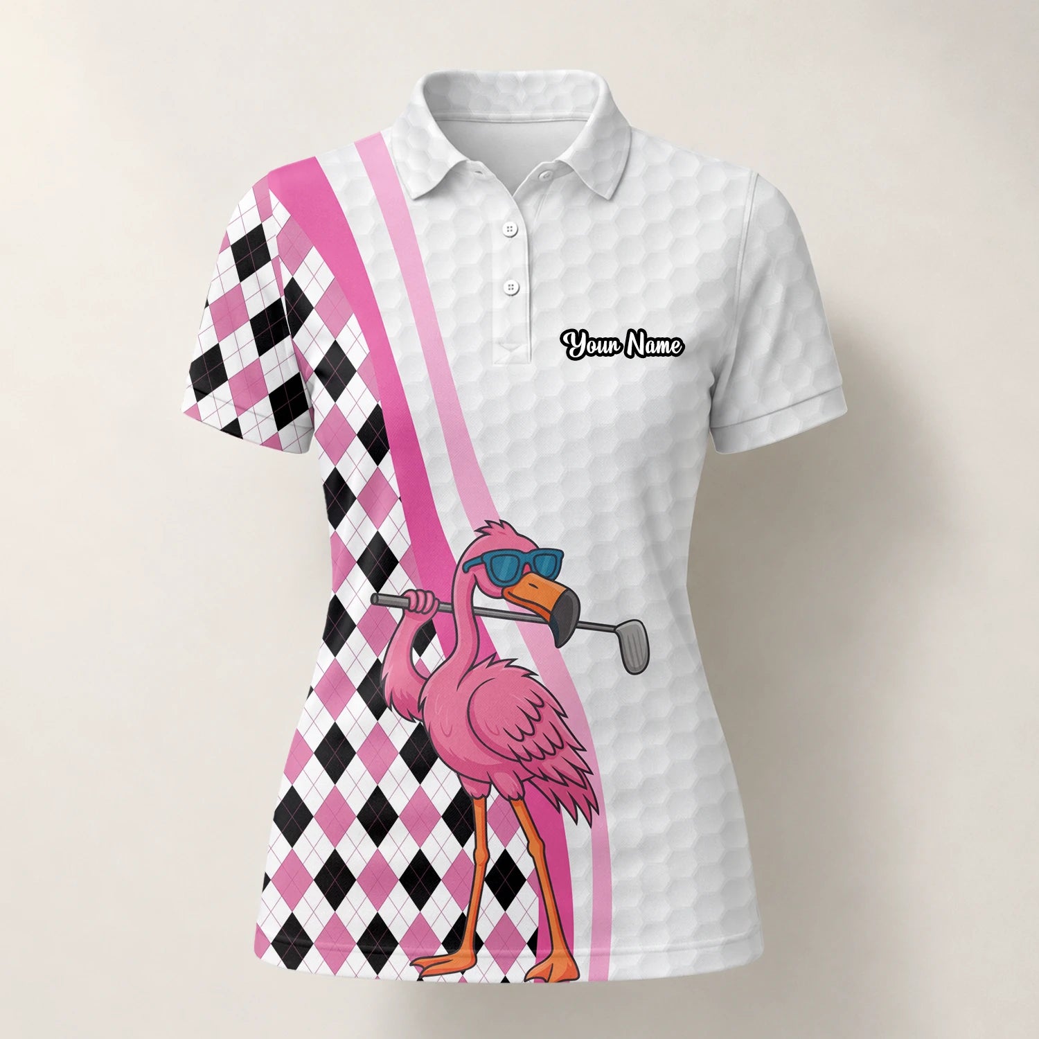 Personalised White Pink Flamingo Golfer Argyle Golf Polo Shirt For Women G3697