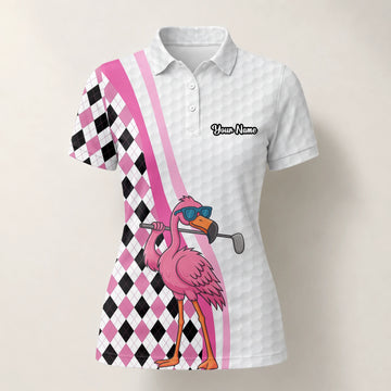 Personalised White Pink Flamingo Golfer Argyle Golf Polo Shirt For Women G3697