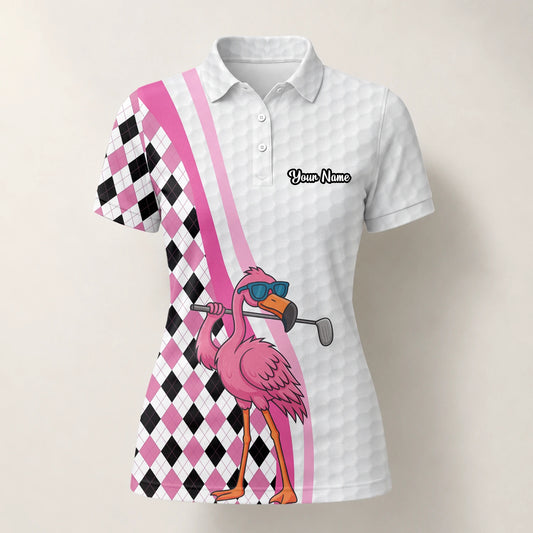 Personalised White Pink Flamingo Golfer Argyle Golf Polo Shirt For Women G3697