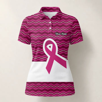 Personalised Pink Breast Cancer Awareness Ribbon Wave Golf Polo Shirt For Women B1640