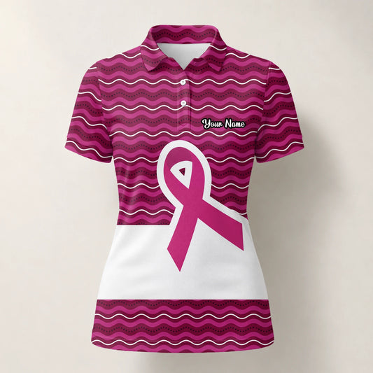 Personalised Pink Breast Cancer Awareness Ribbon Wave Golf Polo Shirt For Women B1640