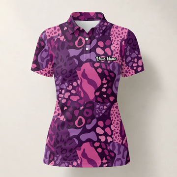 Personalised Purple Pink Leopard Camo Golf Polo Shirt For Women I6540