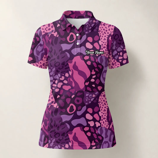 Personalised Purple Pink Leopard Camo Golf Polo Shirt For Women I6540