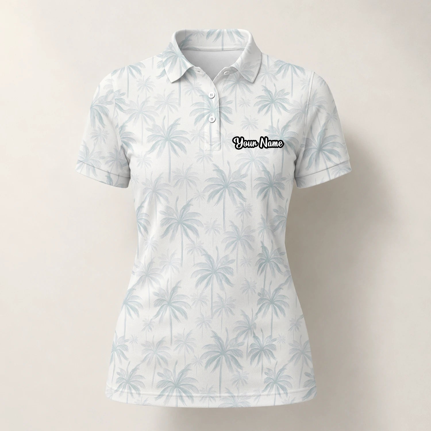 Personalised White Pale Blue Palm Leaf Golf Polo Shirt For Women U1709