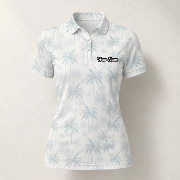 Personalised White Pale Blue Palm Leaf Golf Polo Shirt For Women U1709