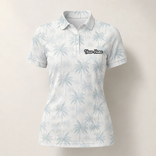 Personalised White Pale Blue Palm Leaf Golf Polo Shirt For Women U1709