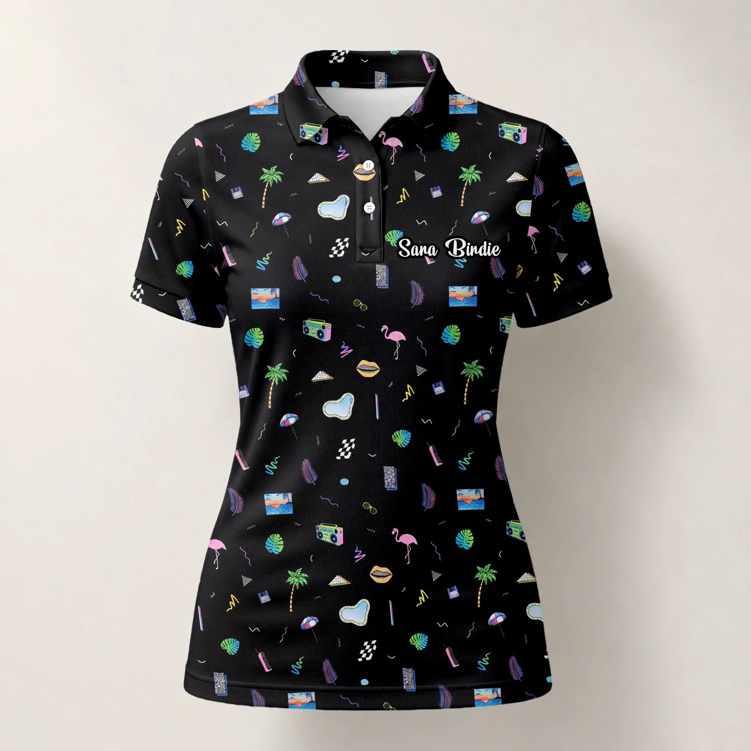 Personalised Black Holiday Travel Doodle Golf Polo Shirt For Women V7883
