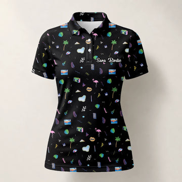 Personalised Black Holiday Travel Doodle Golf Polo Shirt For Women V7883