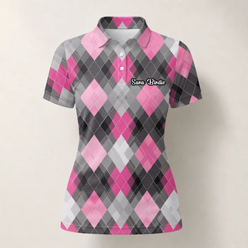 Personalised Pink Grey Argyle Golf Polo Shirt For Women Z9376