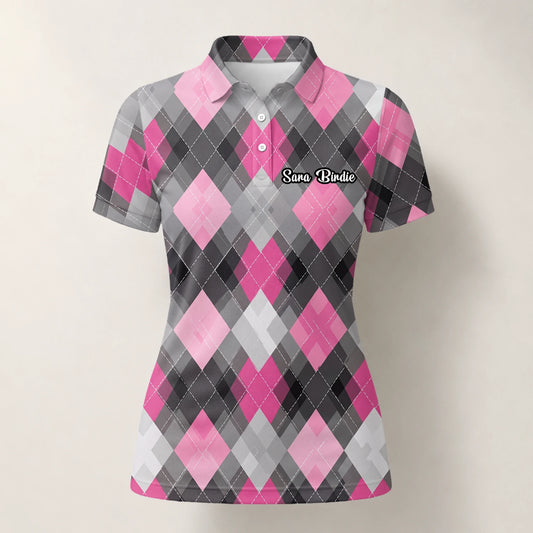 Personalised Pink Grey Argyle Golf Polo Shirt For Women Z9376