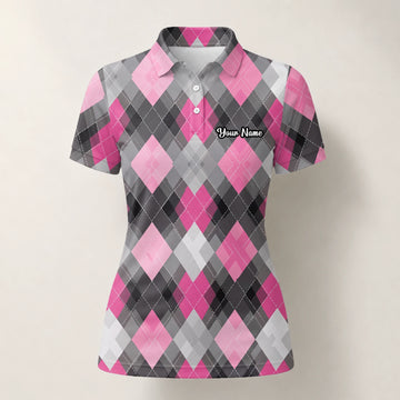 Personalised Pink Grey Argyle Golf Polo Shirt For Women Z9376