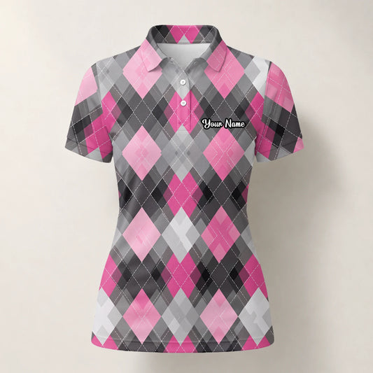 Personalised Pink Grey Argyle Golf Polo Shirt For Women Z9376