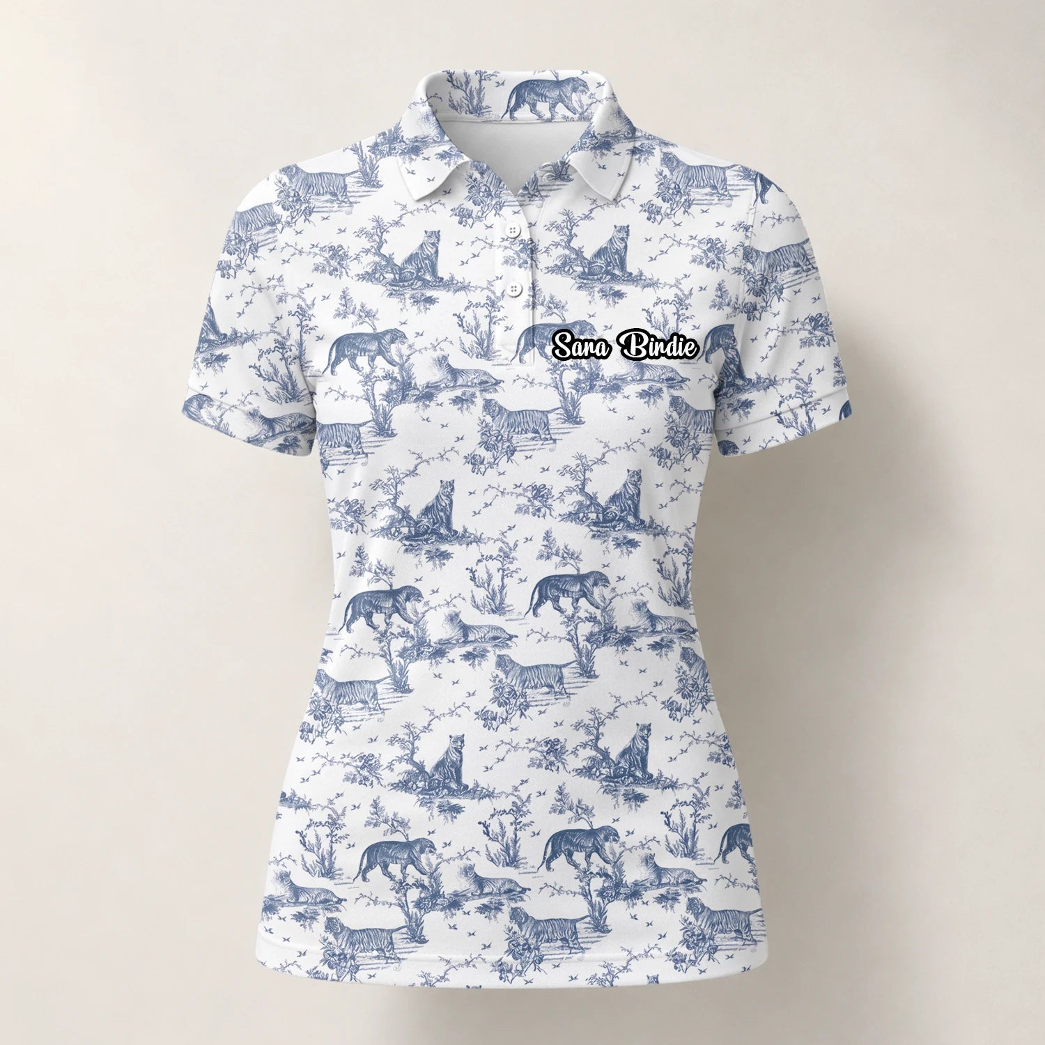 Personalised White Blue Dinosaur Toile Golf Polo Shirt For Women Q4771