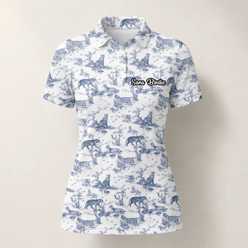 Personalised White Blue Dinosaur Toile Golf Polo Shirt For Women Q4771