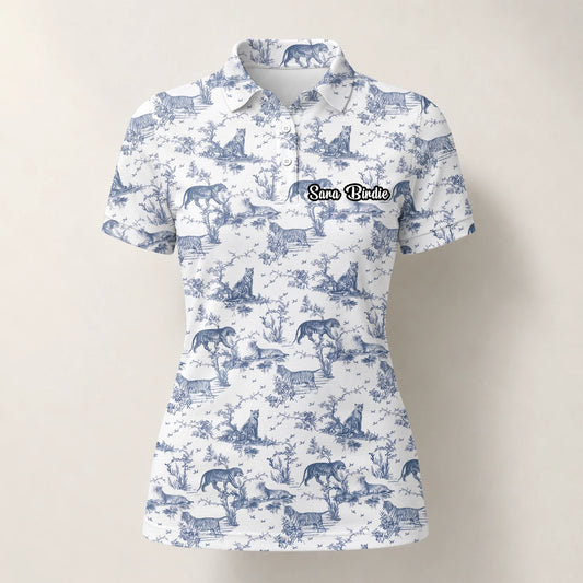 Personalised White Blue Dinosaur Toile Golf Polo Shirt For Women Q4771