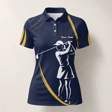 Personalised Navy Gold Golfer Silhouette Golf Polo Shirt For Women K0906
