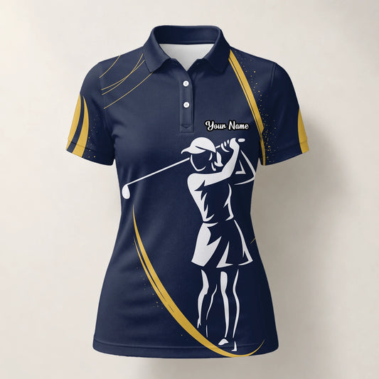 Personalised Navy Gold Golfer Silhouette Golf Polo Shirt For Women K0906