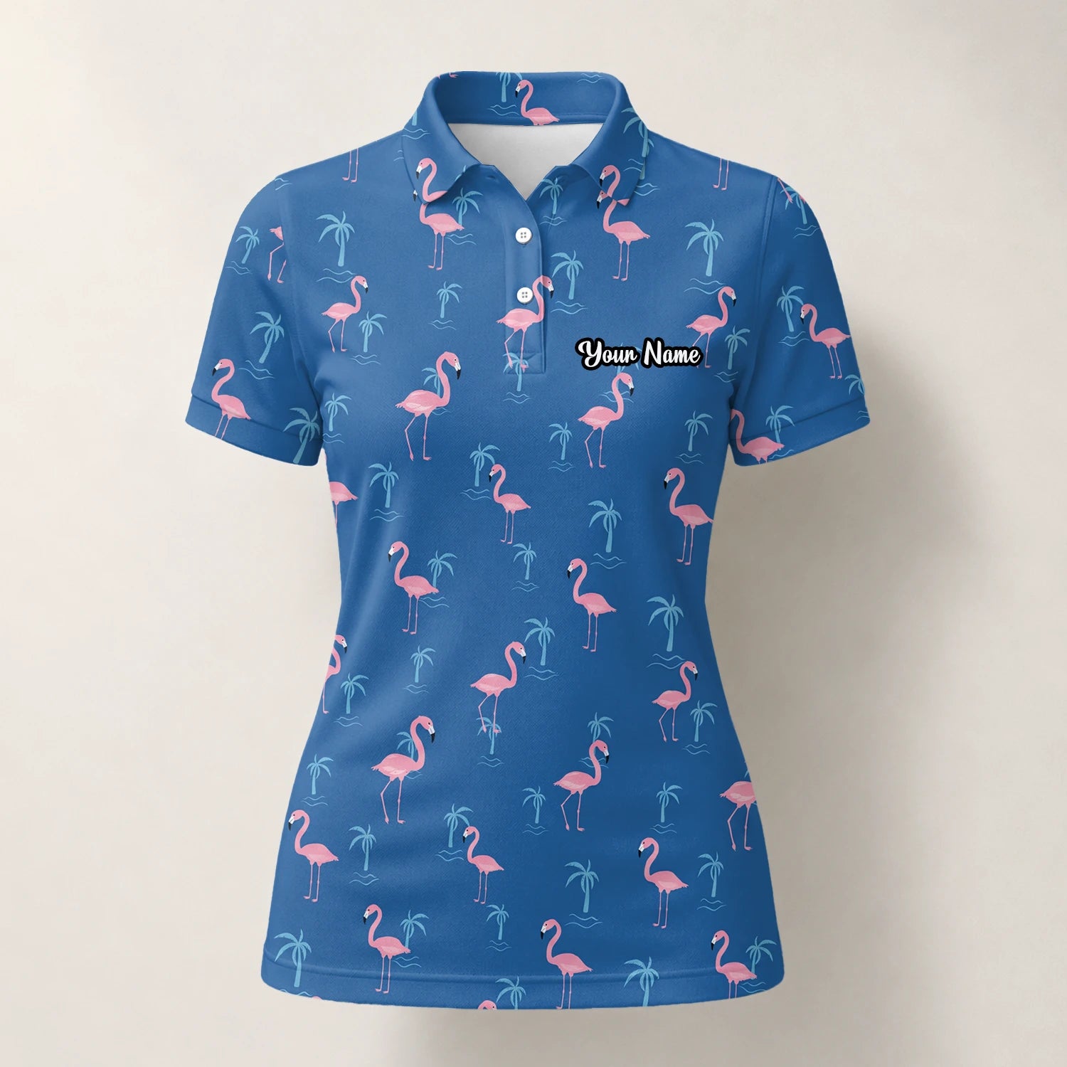 Personalised Blue Pink Flamingo Palm Golf Polo Shirt For Women C8068